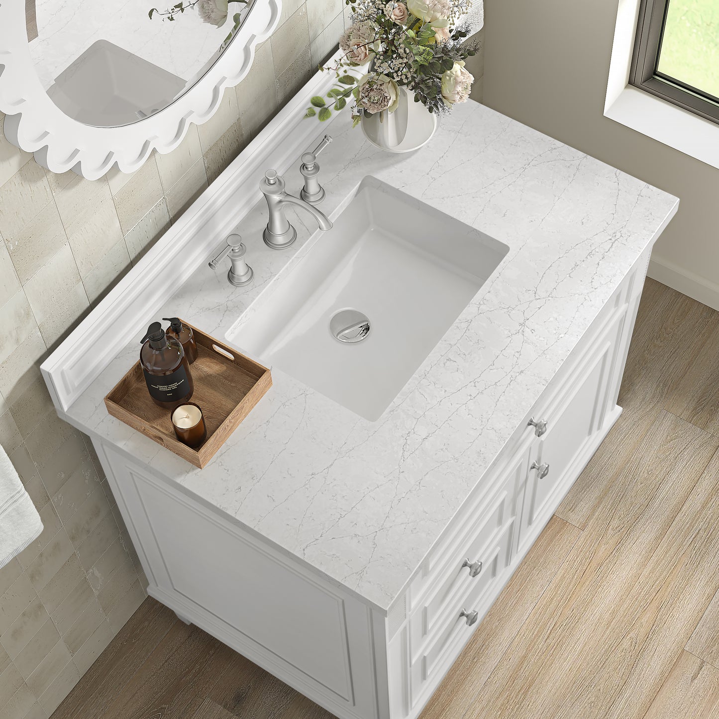 Lorelai 36" Single Vanity, Bright White w/ 3 CM White Zeus Silestone Top