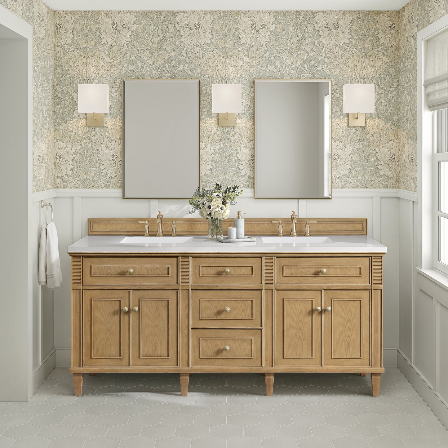 Lorelai 72" Double Vanity, Light Natural Oak w/ 3 CM White Zeus Silestone Top