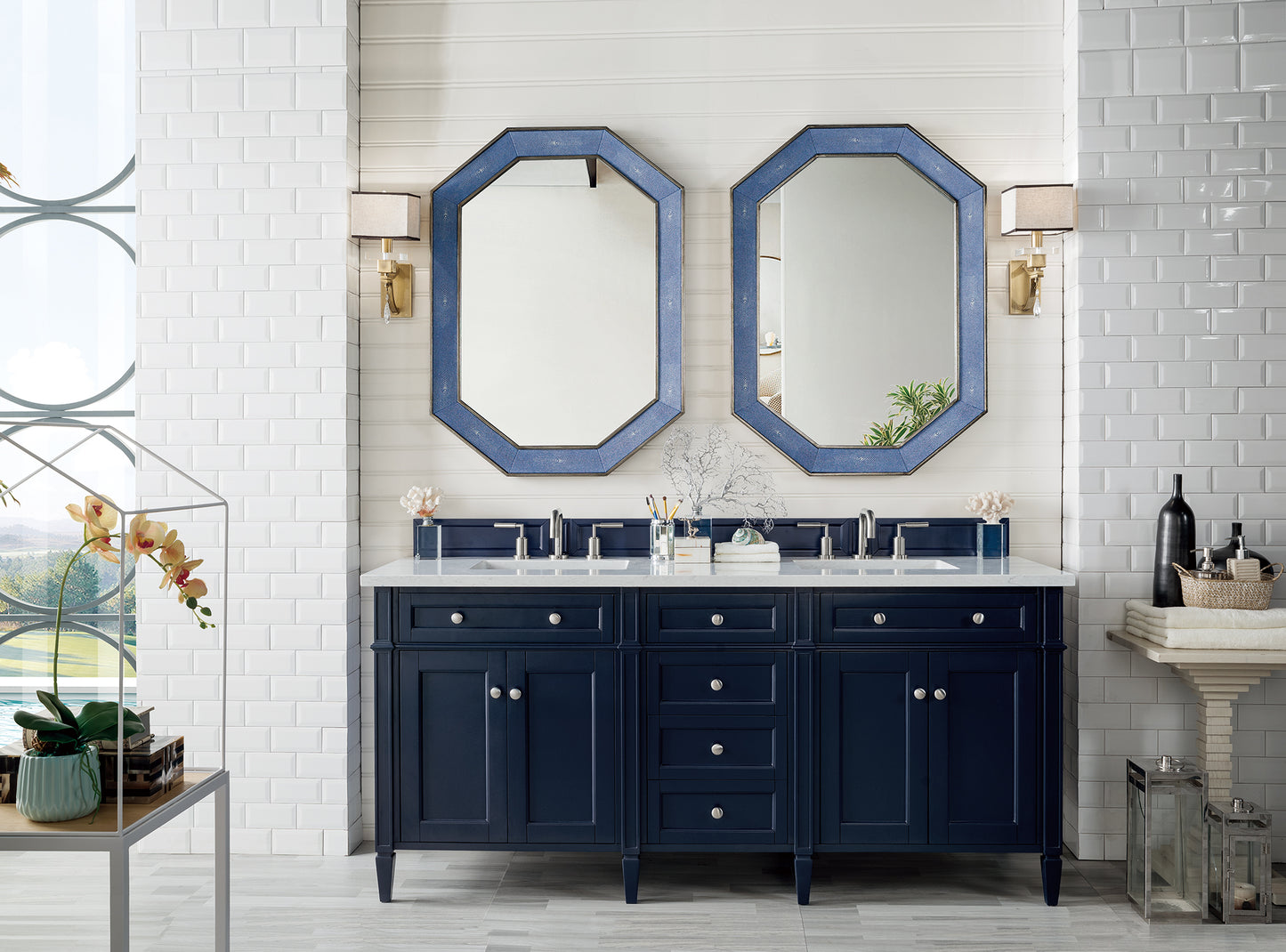 Brittany 72" Double Vanity, Victory Blue w/ 3 CM Eternal Jasmine Pearl Silestone Top