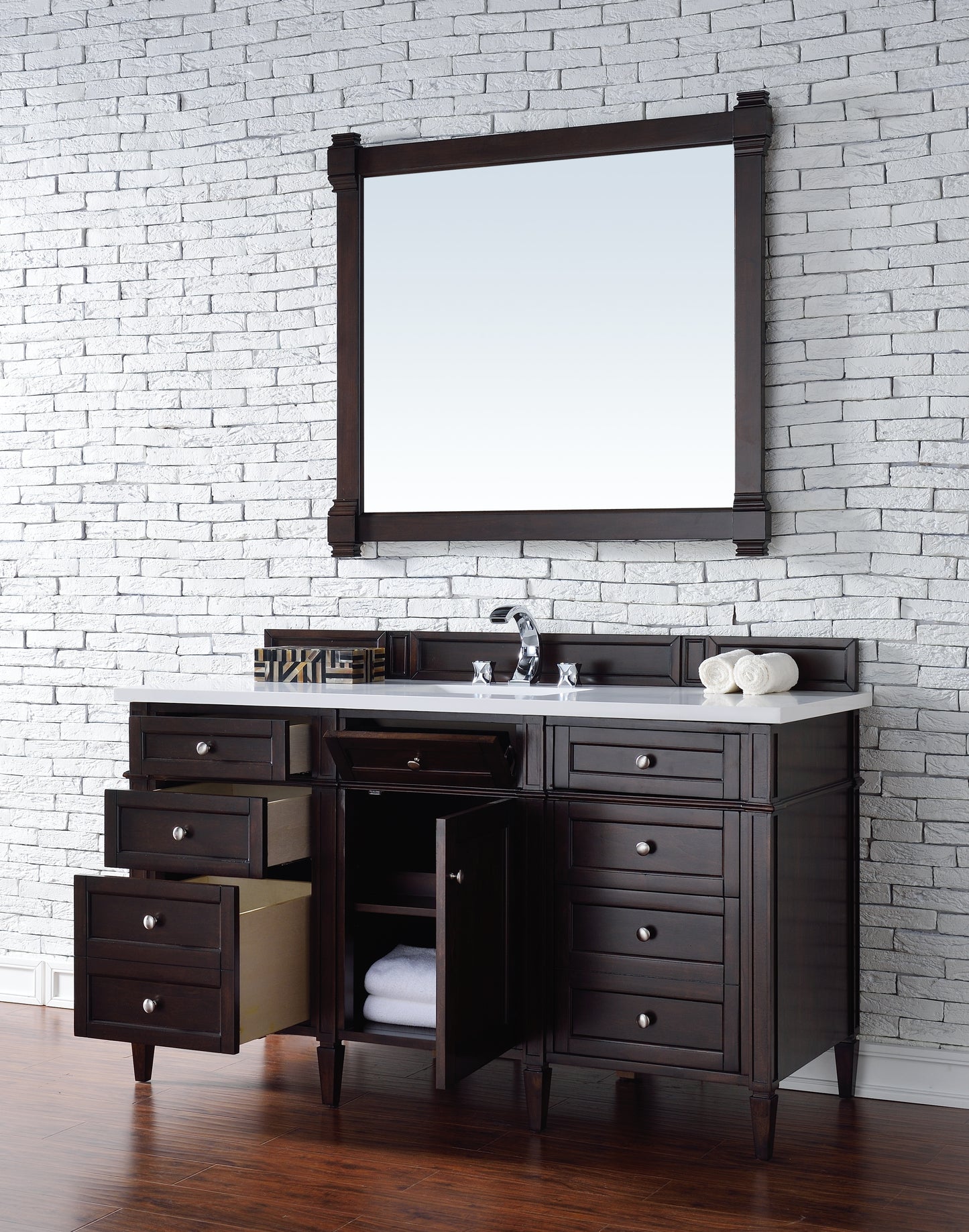 Brittany 60" Single Vanity, Burnished Mahogany w/ 3 CM White Zeus Silestone Top