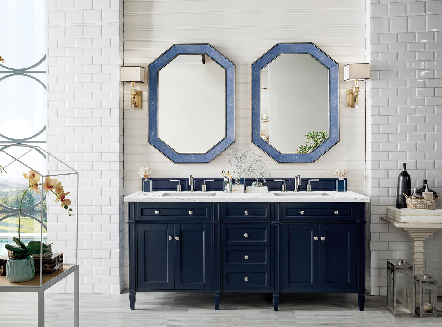 Brittany 72" Double Vanity, Victory Blue w/ 3 CM Ethereal Noctis Silestone Top