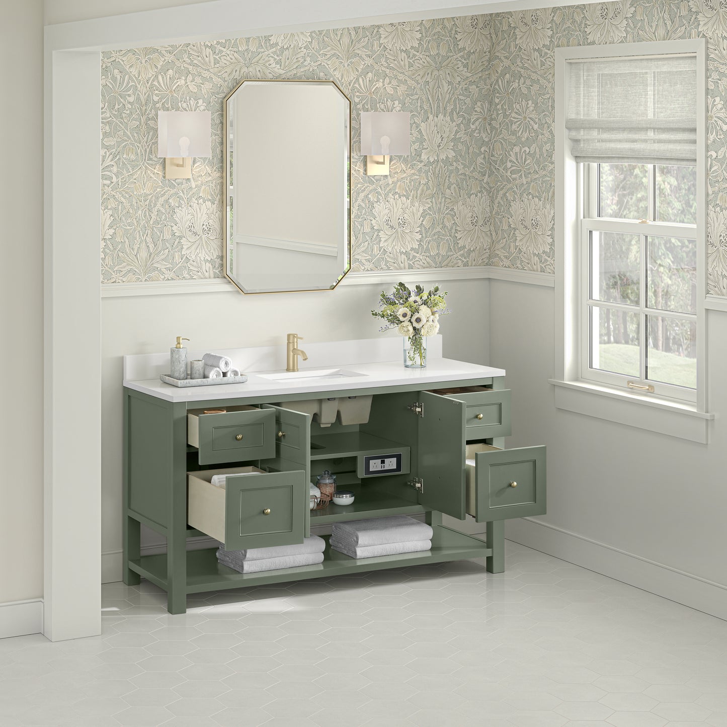 Breckenridge 60" Single Vanity, Smokey Celadon, w/ Single Hole 3 CM White Zeus Quartz Top & Backsplash