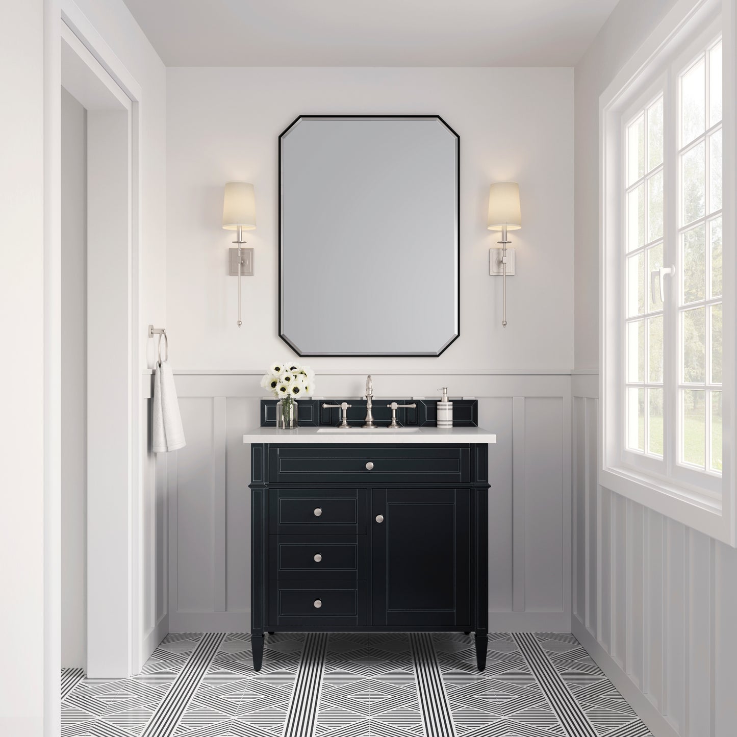 Brittany 36" Single Vanity, Black Onyx w/ 3 CM White Zeus Silestone Top