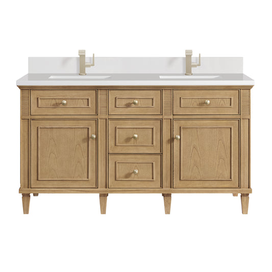 Lorelai 60" Double Vanity, Light Natural Oak w/ Single Hole 3 CM White Zeus Silestone Top & Backsplash