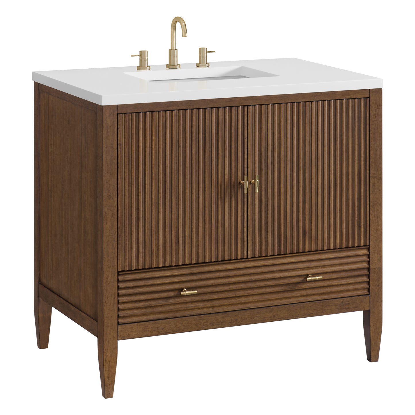 Myrrin 36" Vanity, Mid Century Walnut w/ 3 CM White Zeus Silestone Top