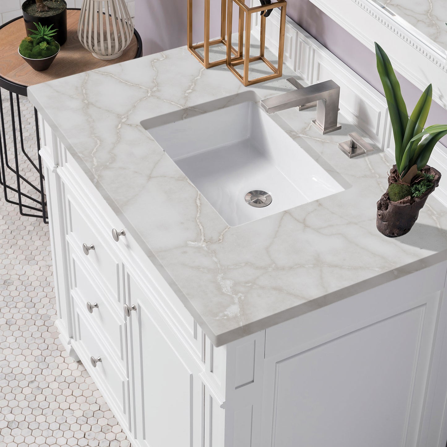 Bristol 36" Single Vanity, Bright White w/ 3 CM Victorian Silver Silestone Top
