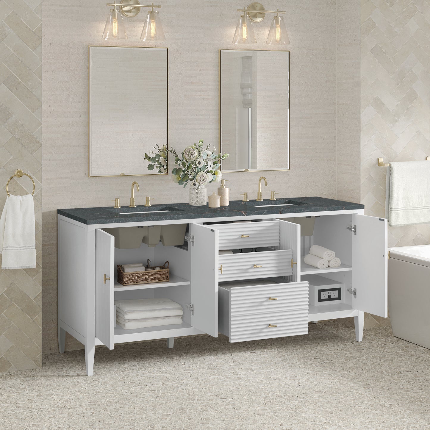 Myrrin 72" Double Vanity, Bright White w/ 3 CM Parisien Bleu Silestone Top