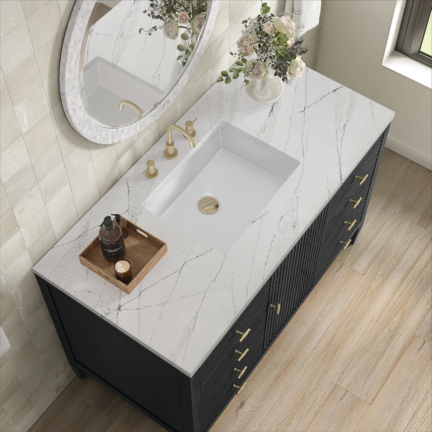 Myrrin 48" Vanity, Carbon Oak w/ 3 CM Ethereal Noctis Silestone Top
