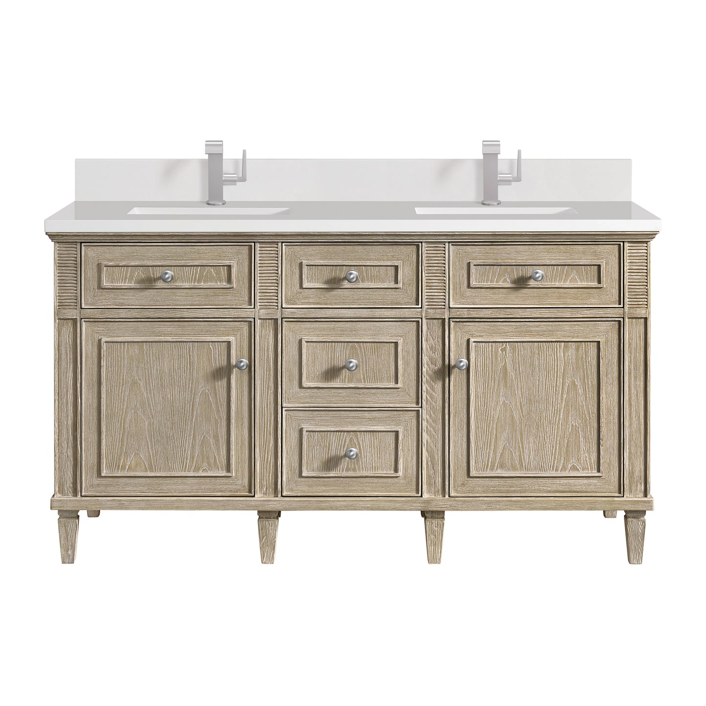 Lorelai 60" Double Vanity, Whitewashed Oak w/ Single Hole 3 CM White Zeus Silestone Top & Backsplash