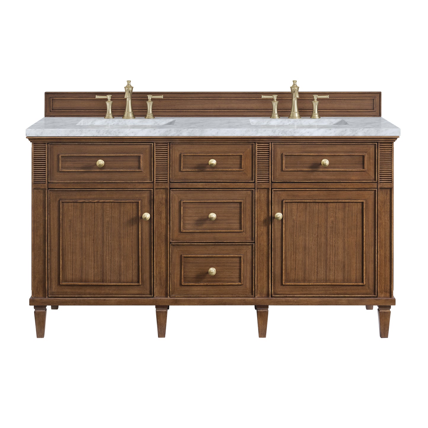 Lorelai 60" Double Vanity, Mid-Century Walnut w/ 3 CM Carrara White Marble Top