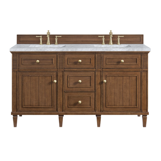 Lorelai 60" Double Vanity, Mid-Century Walnut w/ 3 CM Carrara White Marble Top