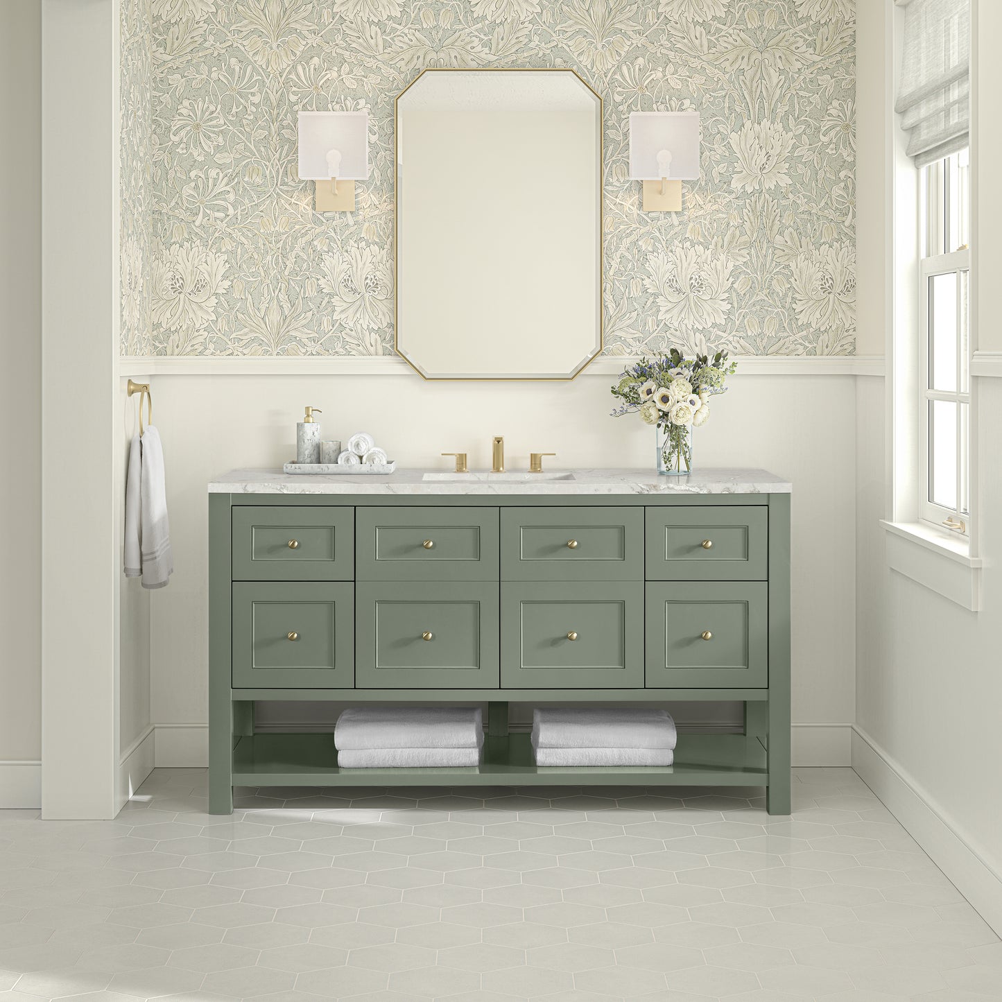 Breckenridge 60" Single Vanity, Smokey Celadon, w/ 3 CM Victorian Silver Silestone Top w/ FreePower Wireless Charger