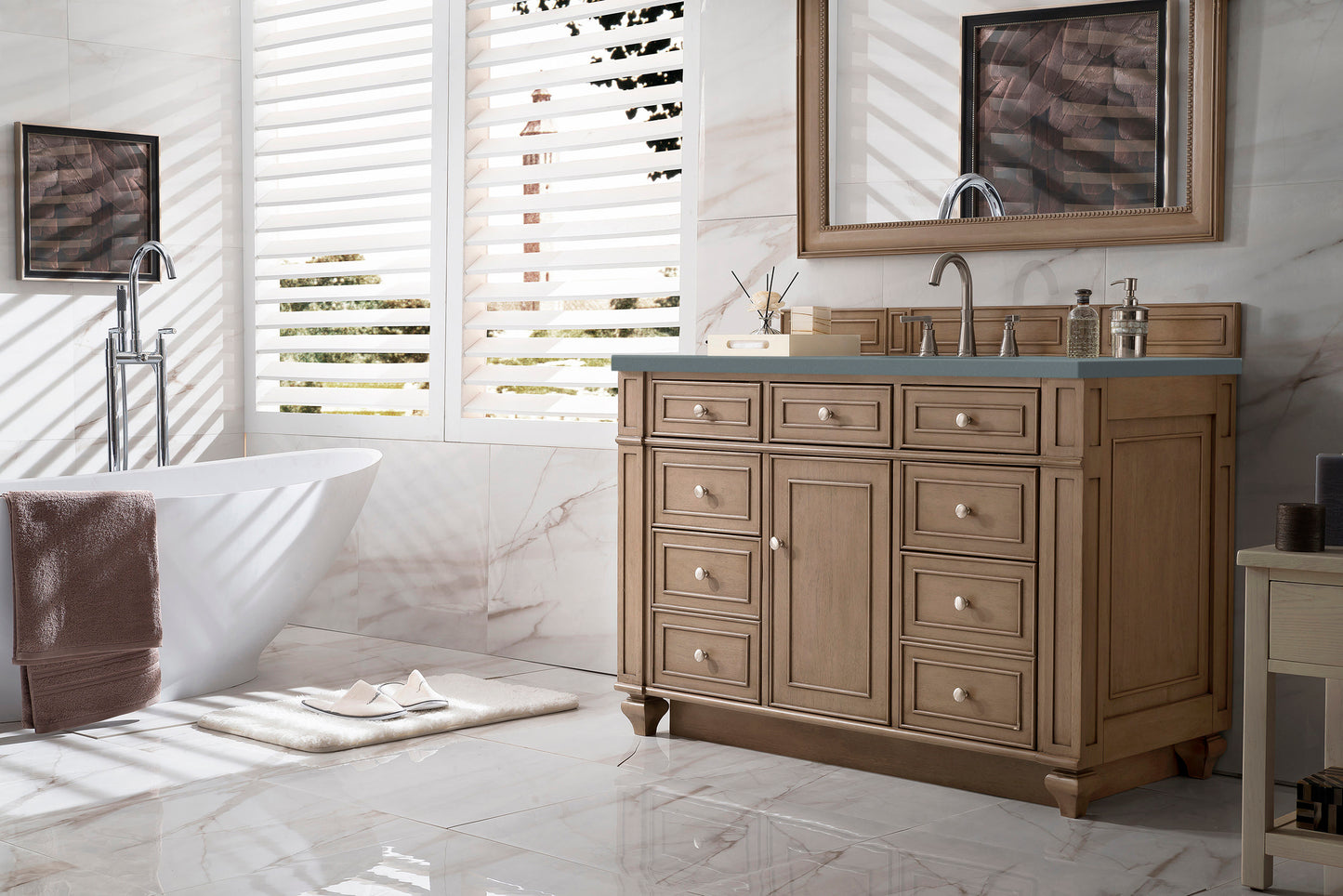 Bristol 48" Single Vanity, Whitewashed Walnut w/ 3 CM Cala Blue Silestone Top