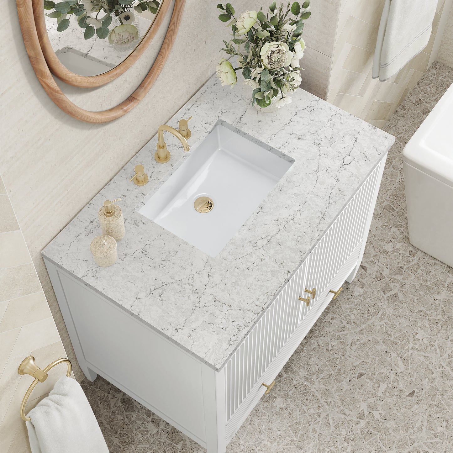 Myrrin 36" Vanity, Bright White w/ 3 CM Eternal Jasmine Pearl Silestone Top