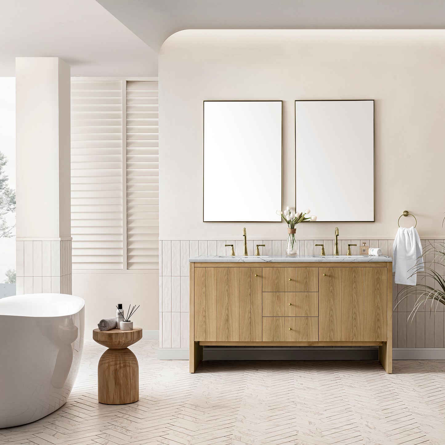 Hudson 60" Double Vanity, Light Natural Oak w/ 3 CM Ethereal Noctis Top
