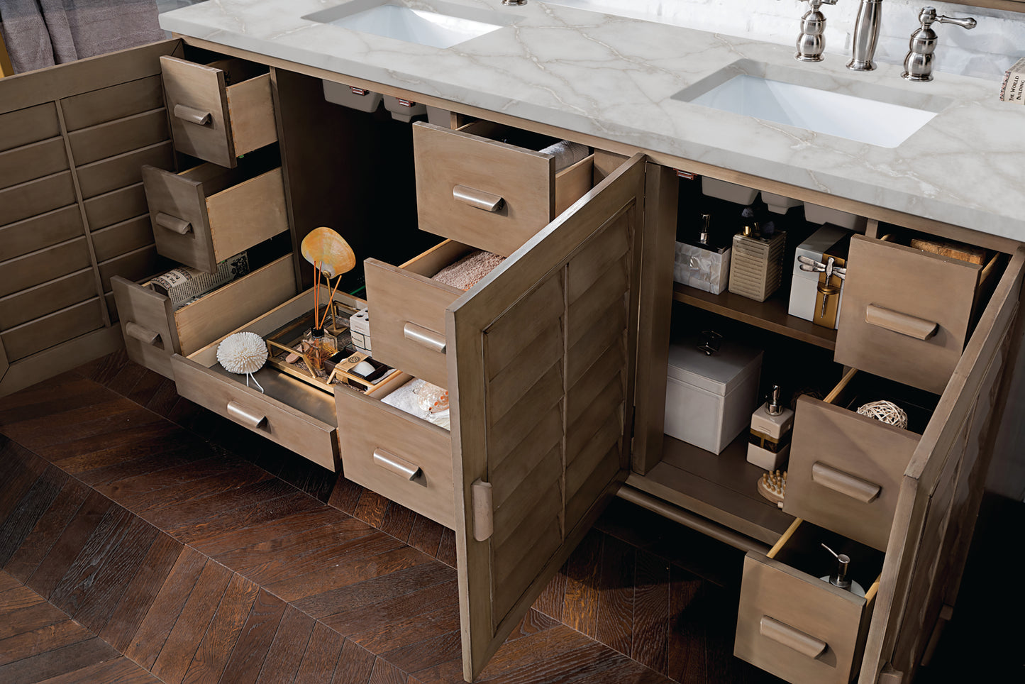 Portland 72" Double Vanity Whitewashed Walnut w/ 3 CM Victorian Silver Silestone Top
