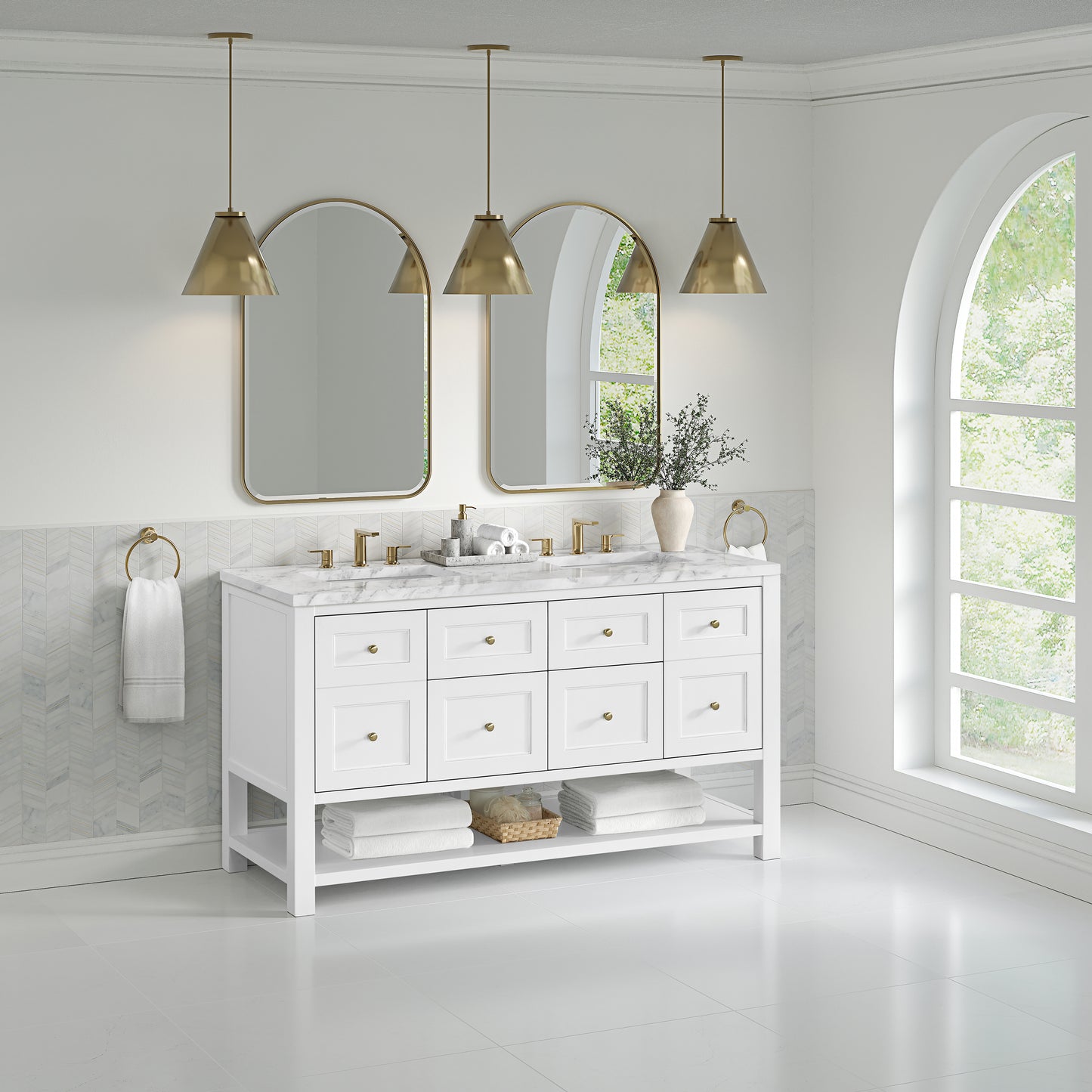 Breckenridge 60" Double Vanity, Bright White, w/ 3 CM Carrara Marble Top