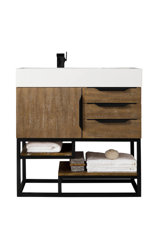 Columbia 36" Single Vanity, Latte Oak, Matte Black w/ Glossy White Composite Stone Top