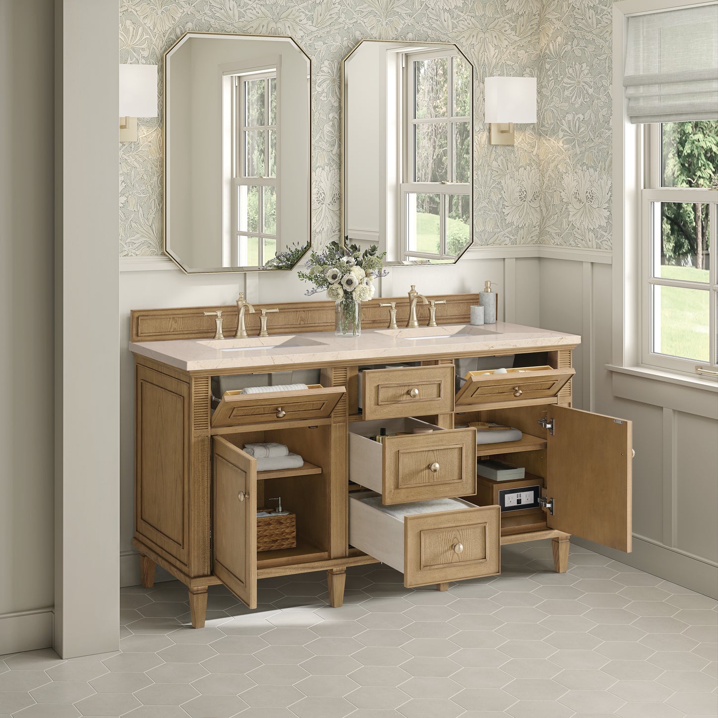 Lorelai 60" Double Vanity, Light Natural Oak w/ 3 CM Eternal Marfil Silestone Top