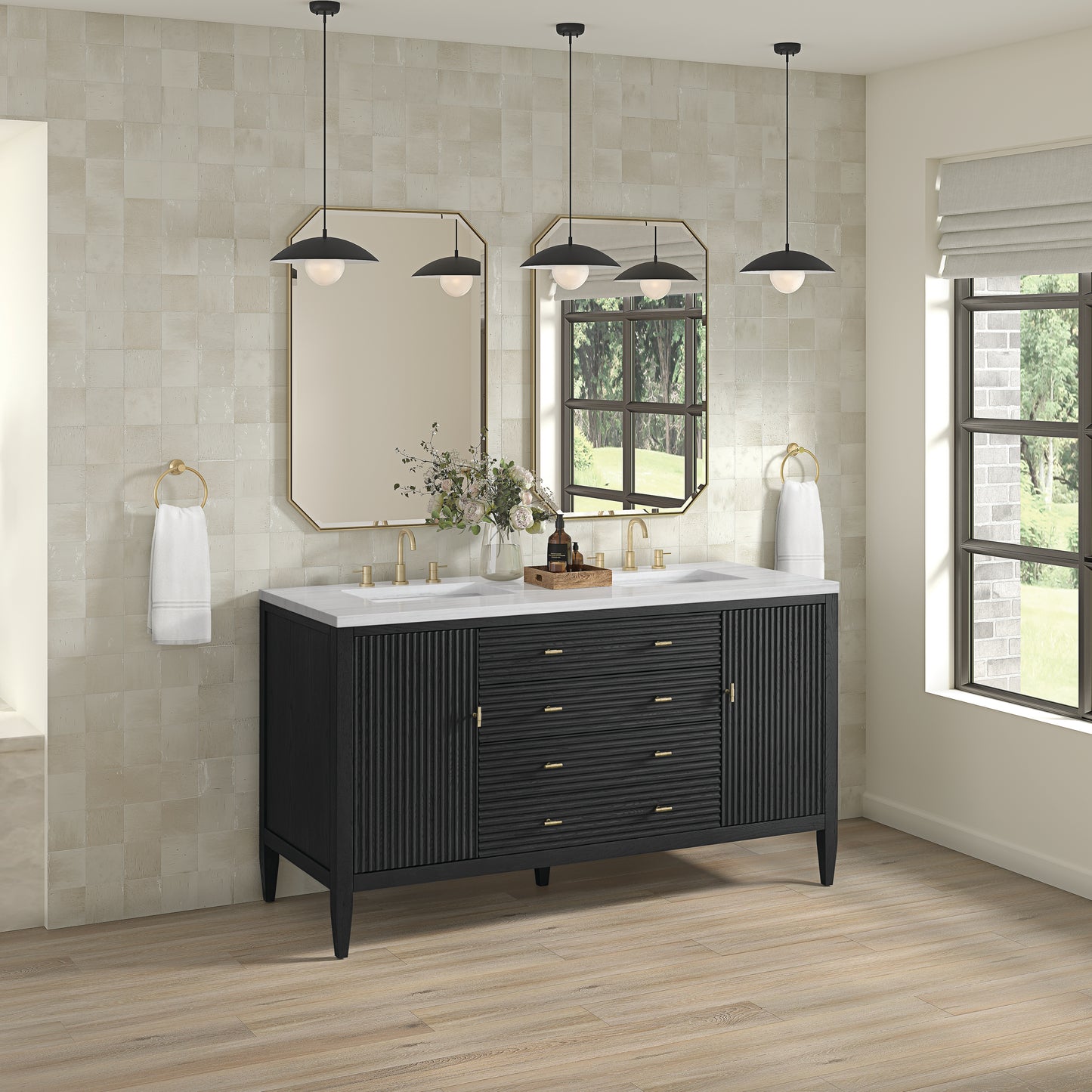 Myrrin 60" Double Vanity, Carbon Oak w/ 3 CM Arctic Fall Solid Surface Top