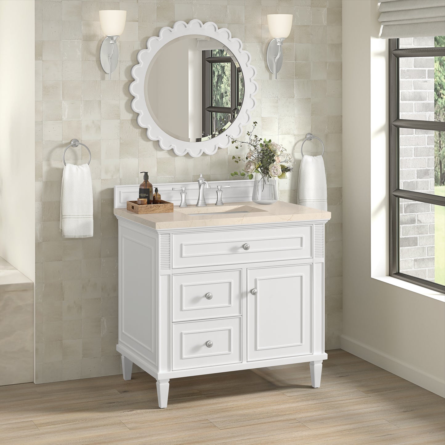 Lorelai 36" Single Vanity, Bright White w/ 3 CM Eternal Marfil Silestone Top
