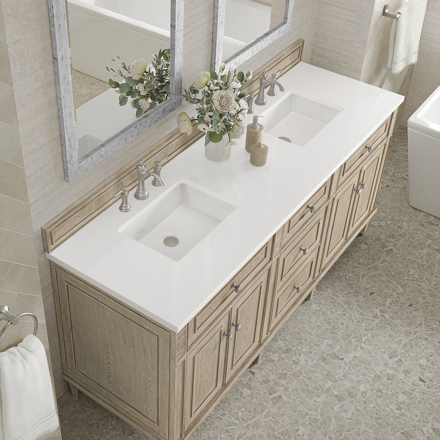 Lorelai 72" Double Vanity, Whitewashed Oak w/ 3 CM White Zeus Silestone Top