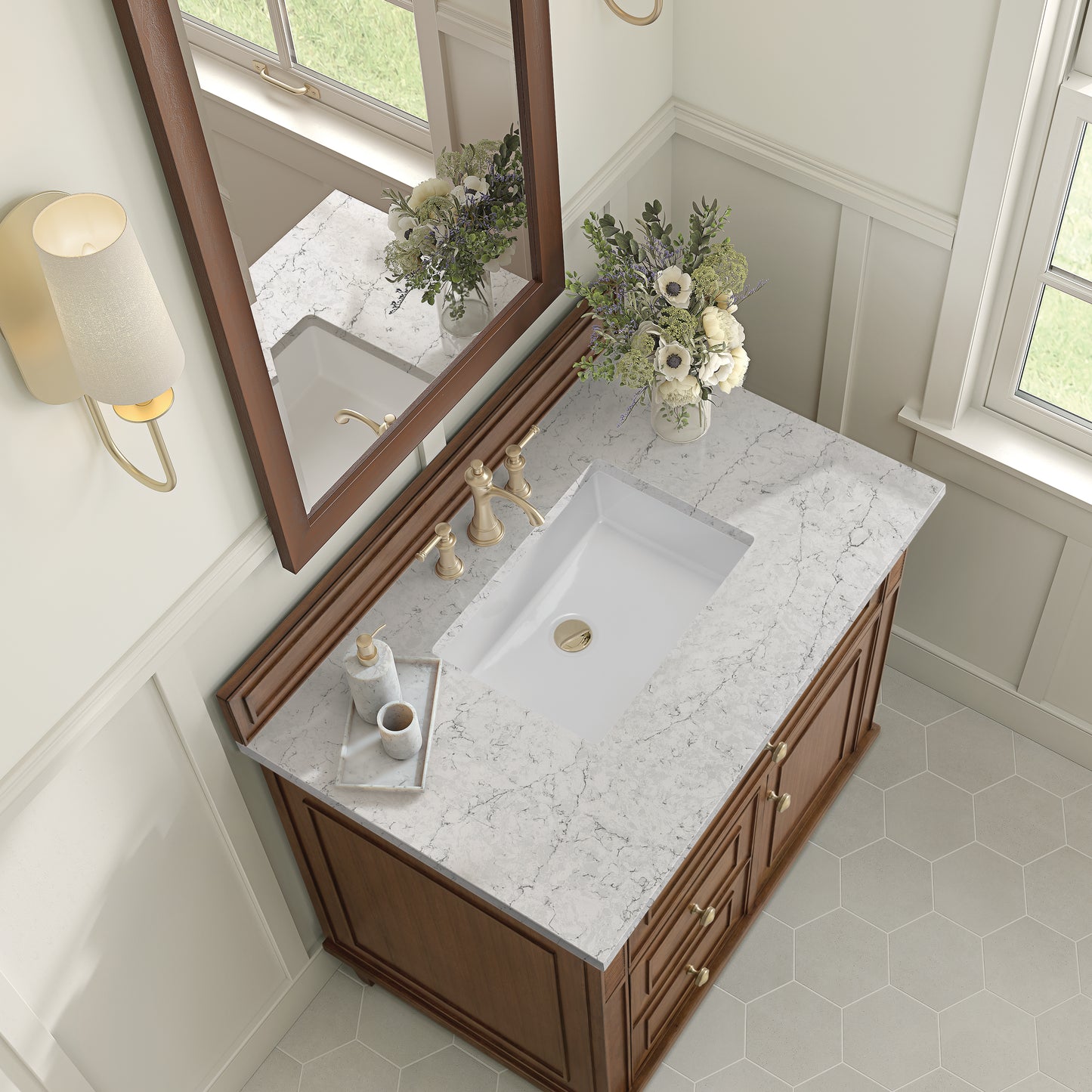 Lorelai 36" Single Vanity, Mid-Century Walnut w/ 3 CM Eternal Jasmine Pearl Silestone Top
