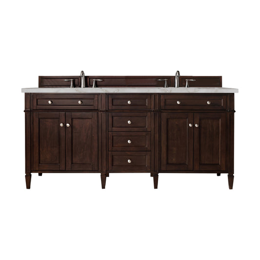 Brittany 72" Double Vanity, Burnished Mahogany w/ 3 CM Victorian Silver Silestone Top