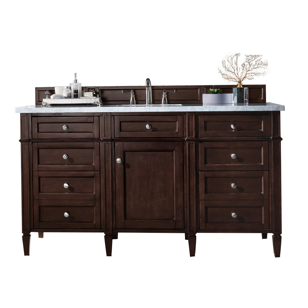 Brittany 60" Single Vanity, Burnished Mahogany w/ 3 CM Arctic Fall Solid Surface Top