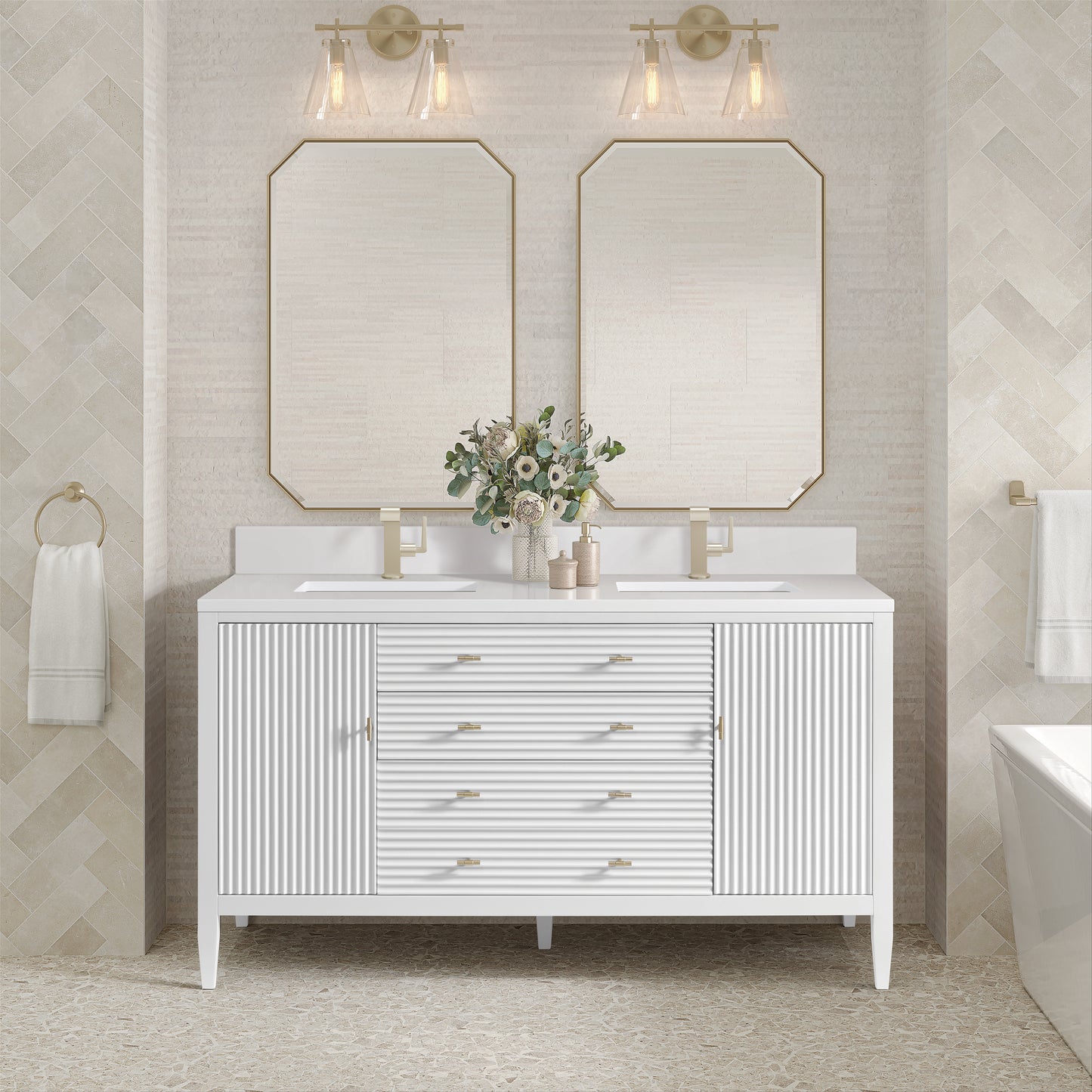 Myrrin 60" Double Vanity, Bright White w/ Single Hole 3 CM White Zeus Silestone Top & Backsplash