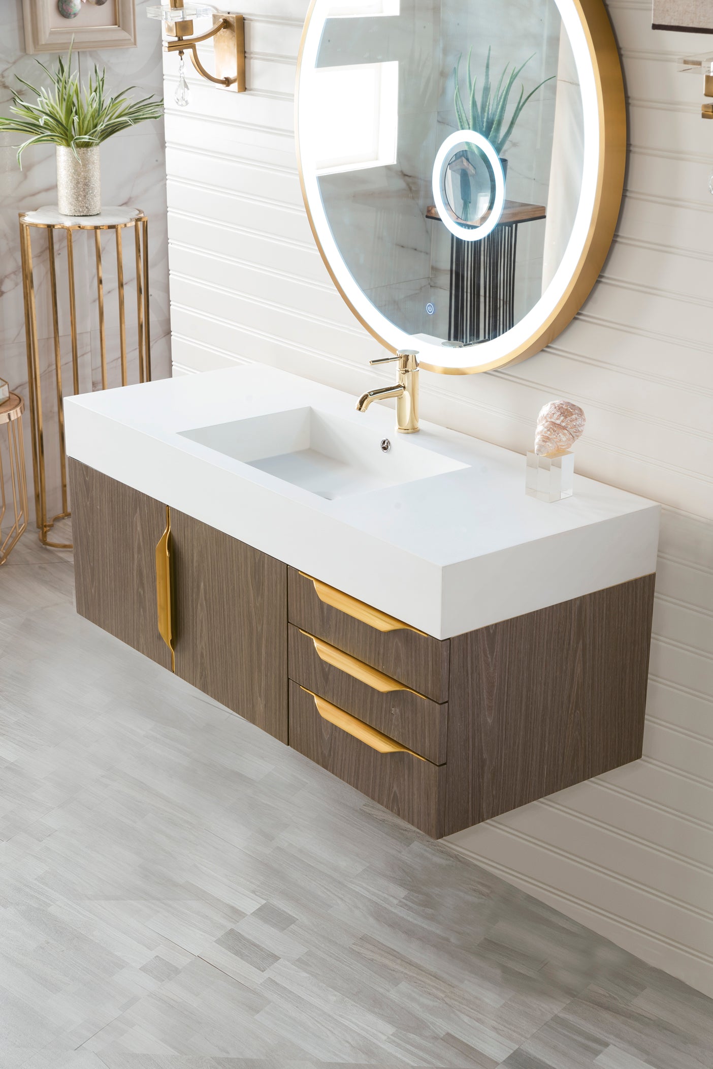 Columbia 48" Single Wall Mount Vanity, Ash Gray, Radiant Gold w/ Glossy White Composite Stone Top