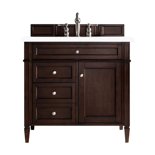 Brittany 36" Single Vanity, Burnished Mahogany w/ 3 CM White Zeus Silestone Top