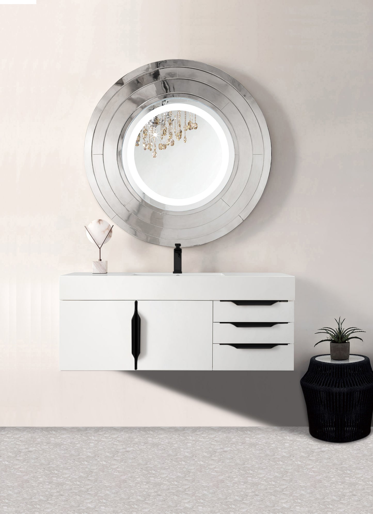 Columbia 48" Single Wall Mount Vanity, Glossy White, Matte Black w/ Glossy White Composite Stone Top