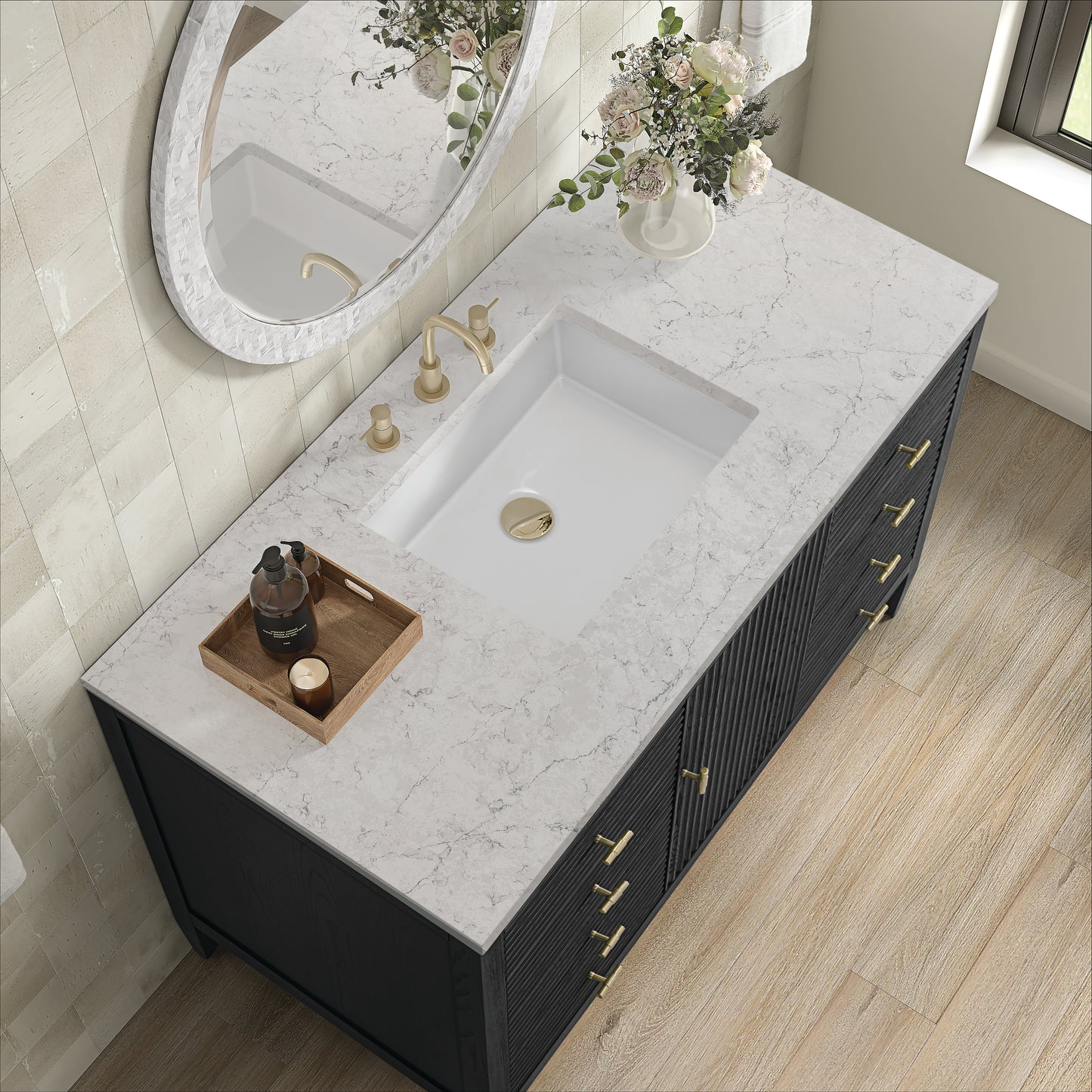 Myrrin 48" Vanity, Carbon Oak w/ 3 CM Eternal Jasmine Pearl Silestone Top
