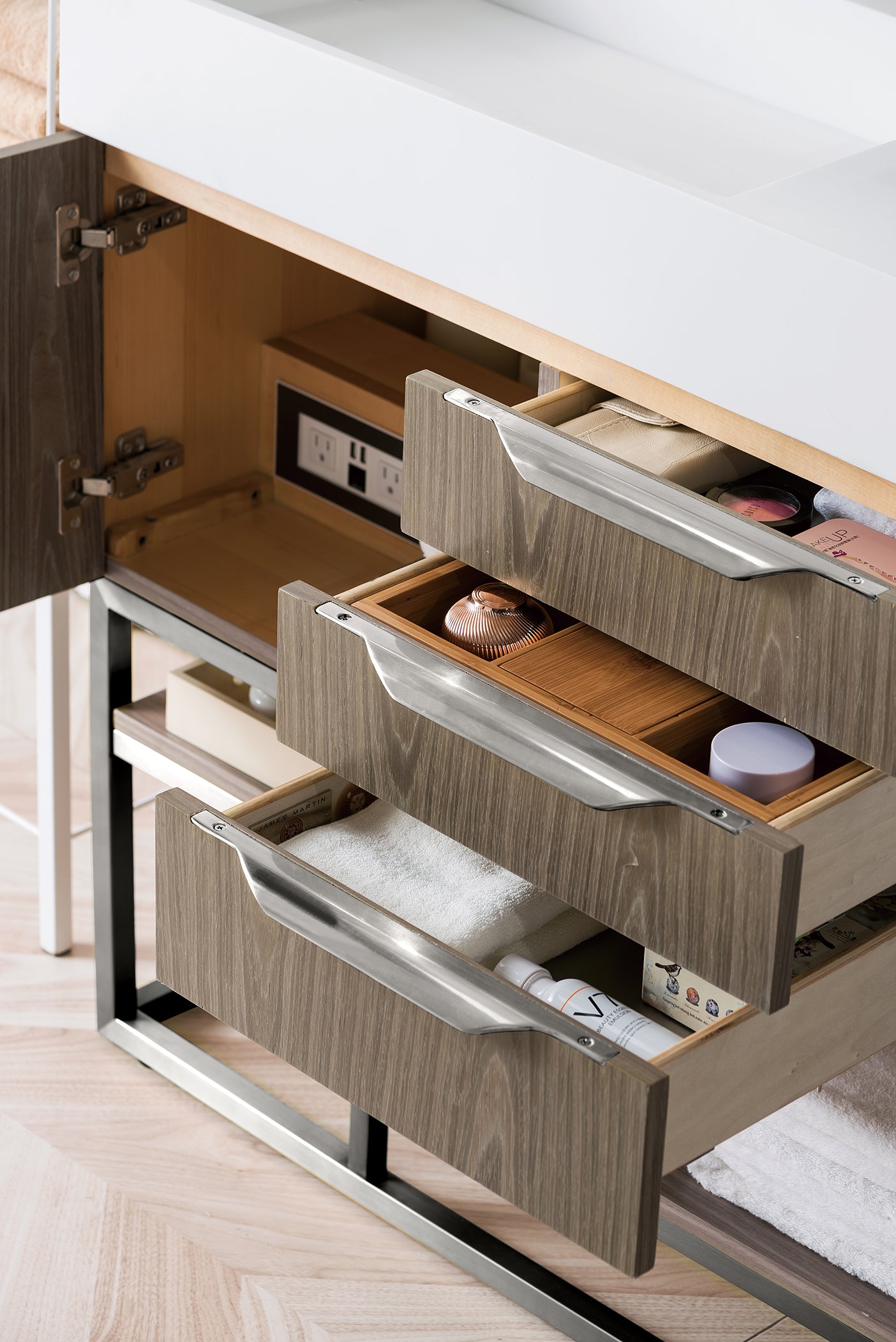 Columbia 36" Single Vanity, Ash Gray, Brushed Nickel w/ Glossy White Composite Stone Top