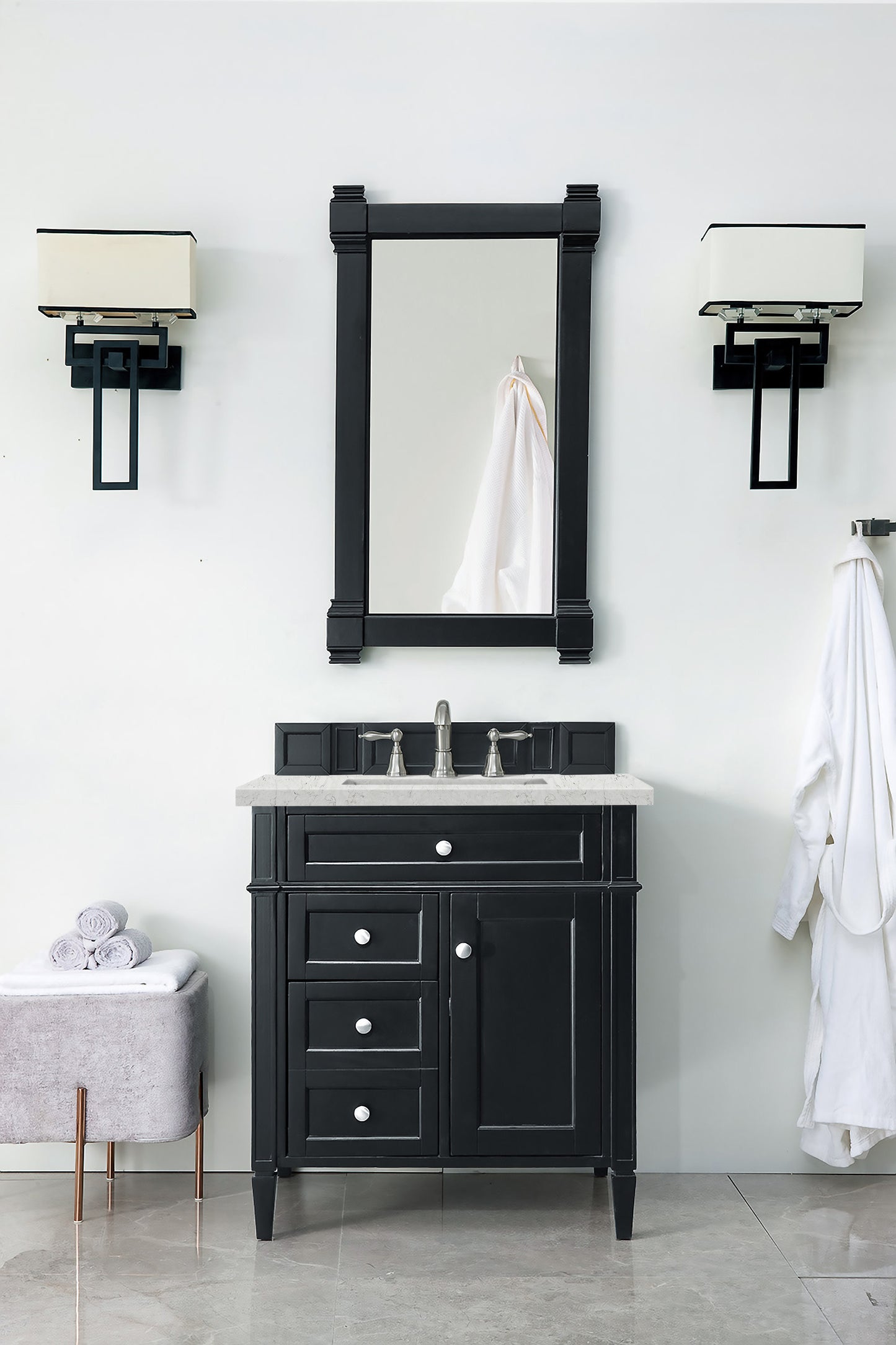 Brittany 30" Single Vanity, Black Onyx, w/ 3 CM Eternal Jasmine Pearl Silestone Top