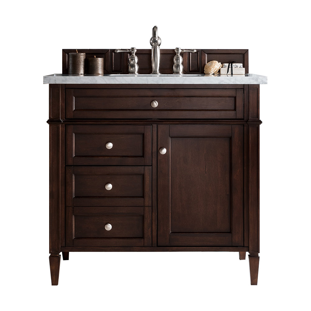 Brittany 36" Single Vanity, Burnished Mahogany w/ 3 CM Carrara Marble Top