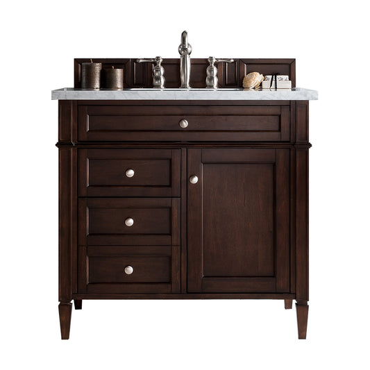 Brittany 36" Single Vanity, Burnished Mahogany w/ 3 CM Carrara Marble Top