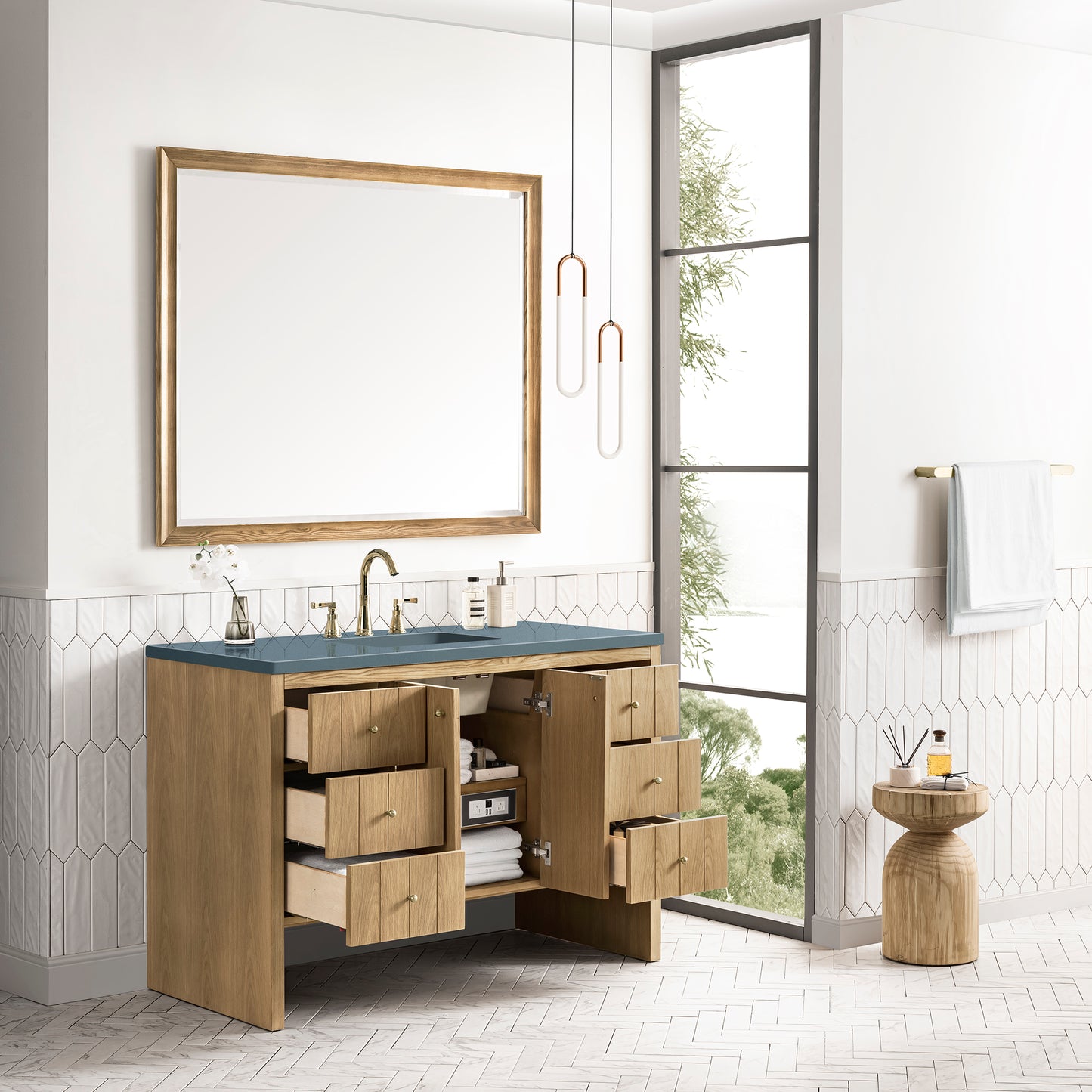 Hudson 48" Single Vanity, Light Natural Oak w/ 3 CM Cala Blue Top