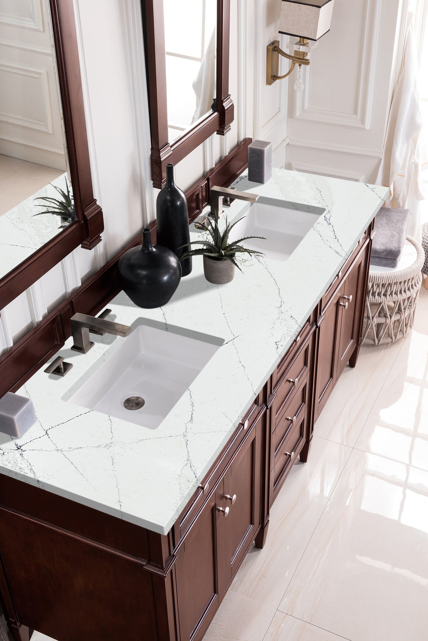 Brittany 72" Double Vanity, Burnished Mahogany w/ 3 CM Ethereal Noctis Silestone Top
