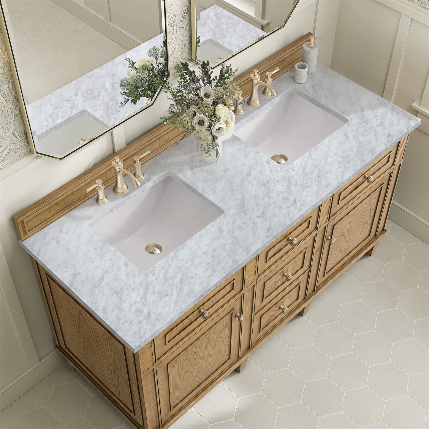 Lorelai 60" Double Vanity, Light Natural Oak w/ 3 CM Carrara White Marble Top