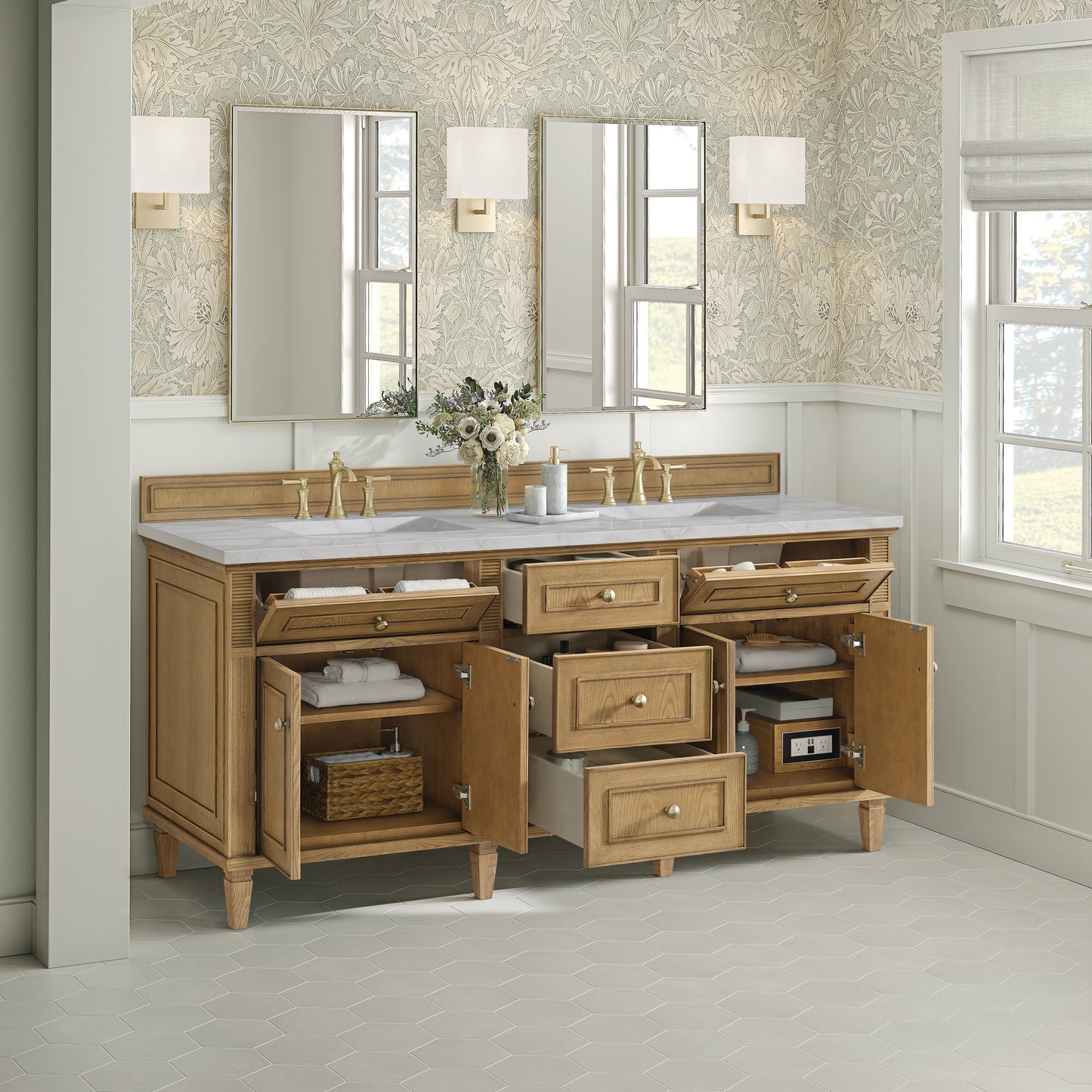Lorelai 72" Double Vanity, Light Natural Oak w/ 3 CM Victorian Silver Silestone Top