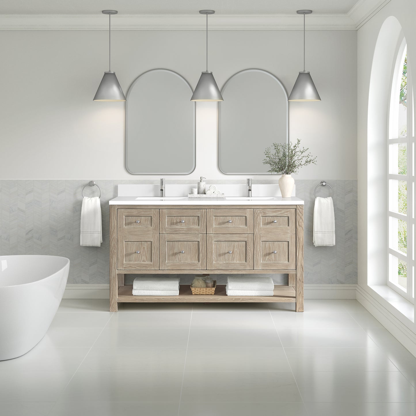 Breckenridge 60" Double Vanity, Whitewashed Oak, w/ Single Hole 3 CM White Zeus Quartz Top & Backsplash