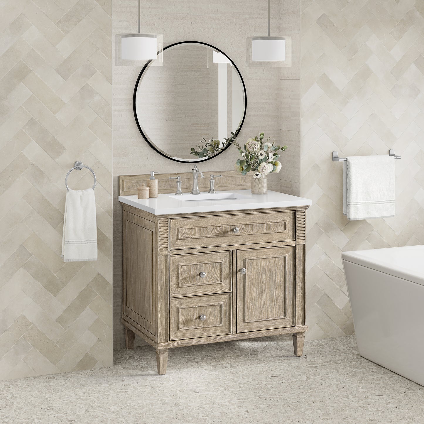 Lorelai 36" Single Vanity, Whitewashed Oak w/ 3 CM White Zeus Silestone Top