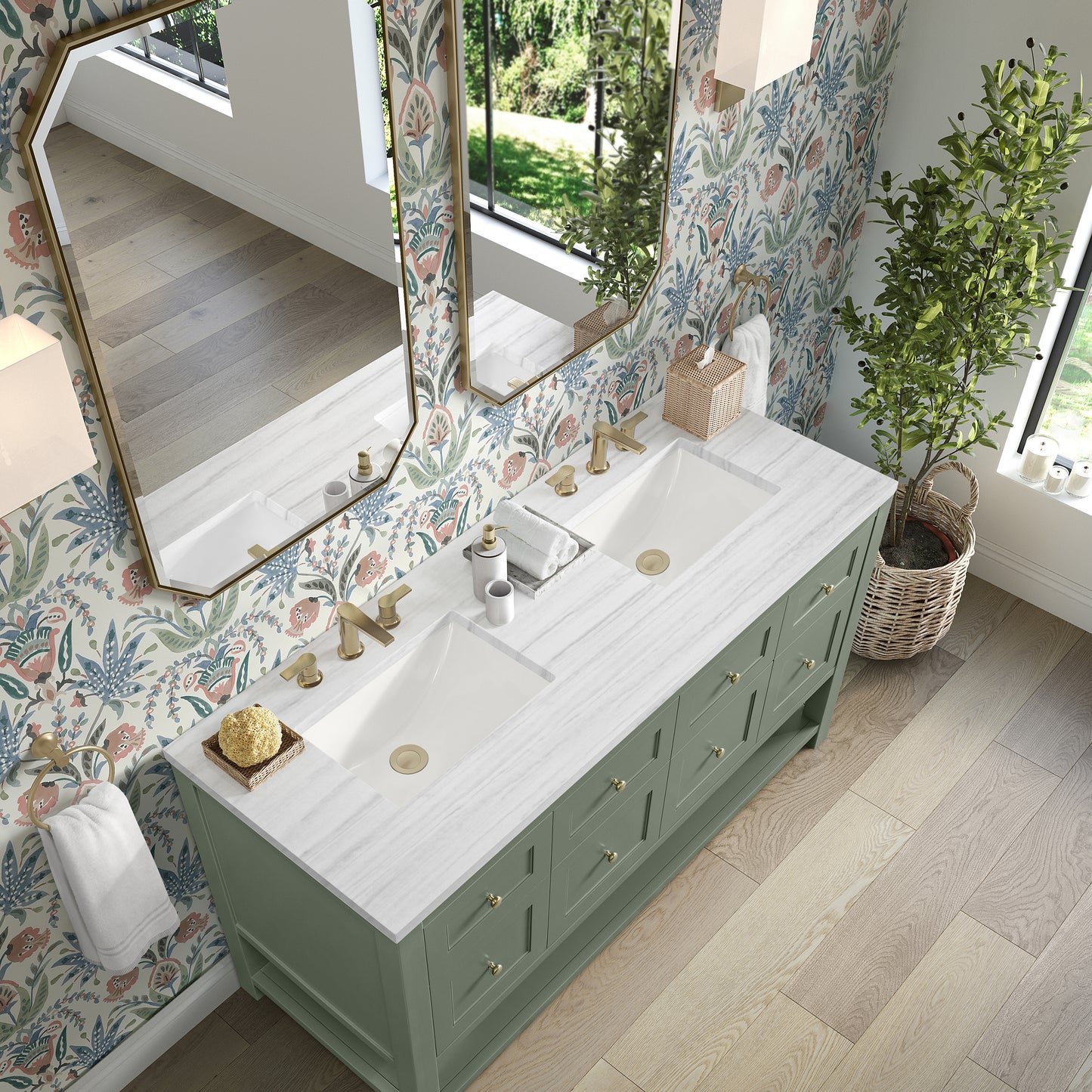Breckenridge 60" Double Vanity, Smokey Celadon, w/ 3 CM Arctic Fall Solid Surface Top