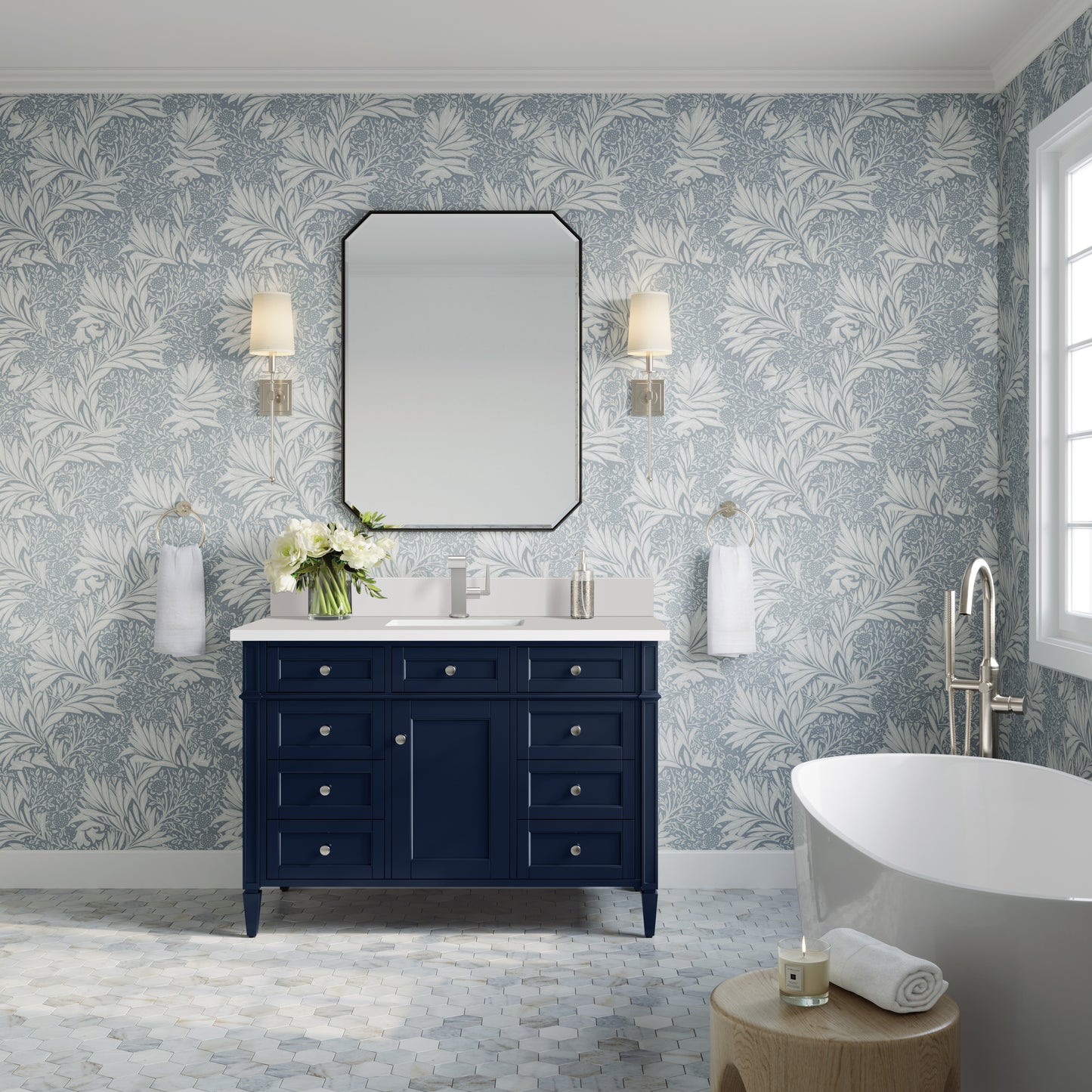 Brittany 48" Single Vanity, Victory Bleu w/ Single Hole 3 CM White Zeus Silestone Top & Backsplash