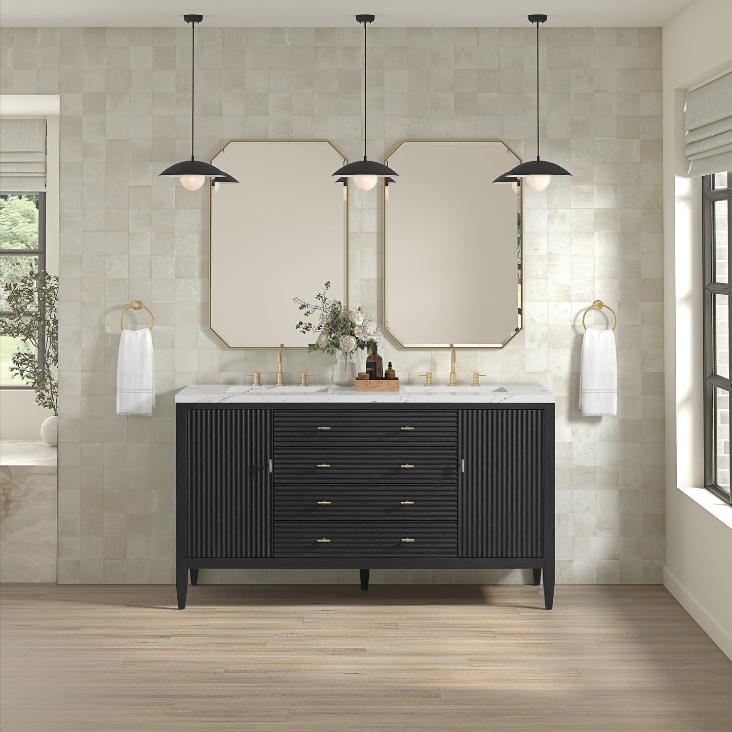 Myrrin 60" Double Vanity, Carbon Oak w/ 3 CM Ethereal Noctis Silestone Top