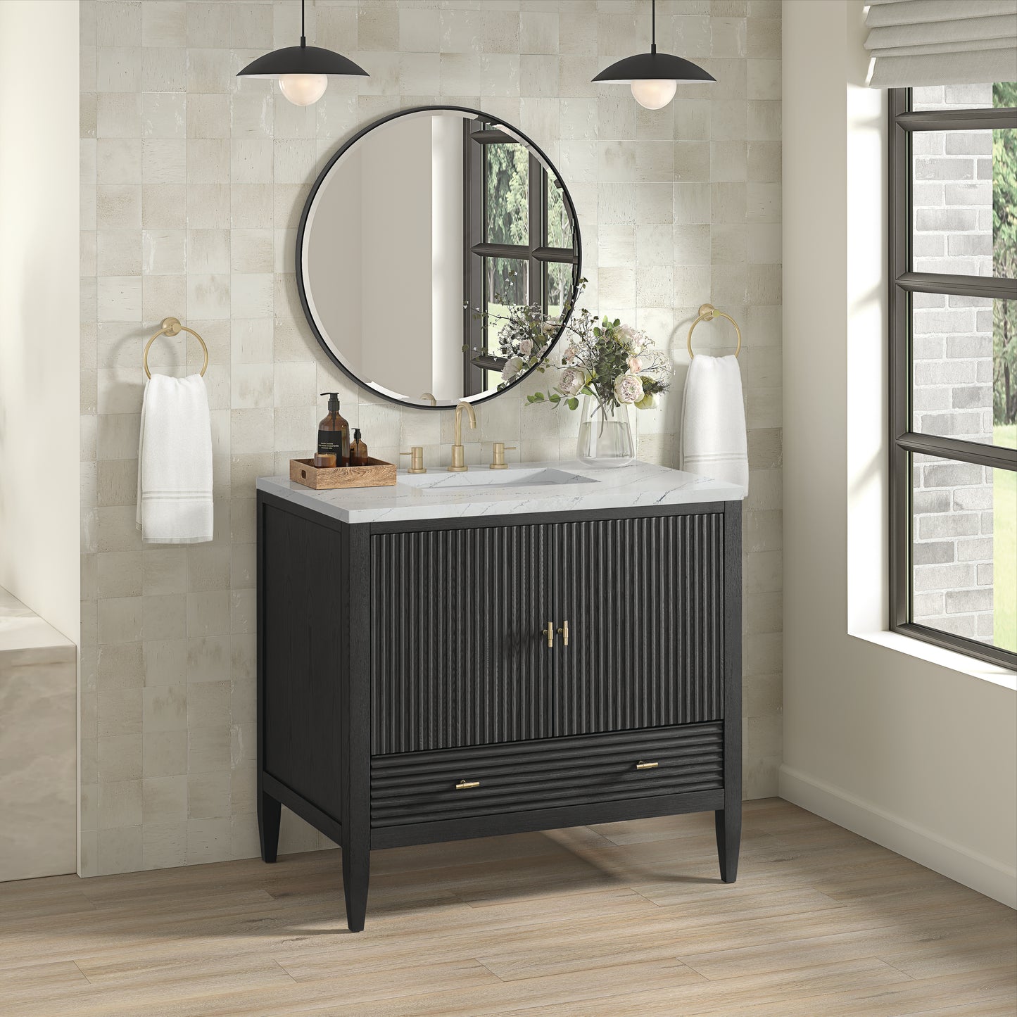 Myrrin 36" Vanity, Carbon Oak w/ 3 CM Ethereal Noctis Silestone Top