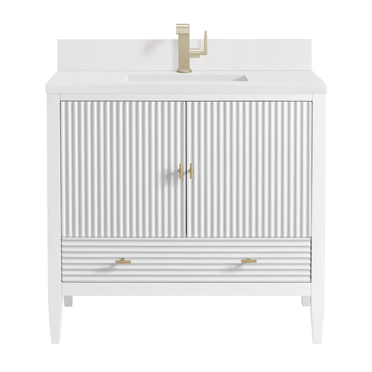 Myrrin 36" Vanity, Bright White w/ Single Hole 3 CM White Zeus Silestone Top & Backsplash