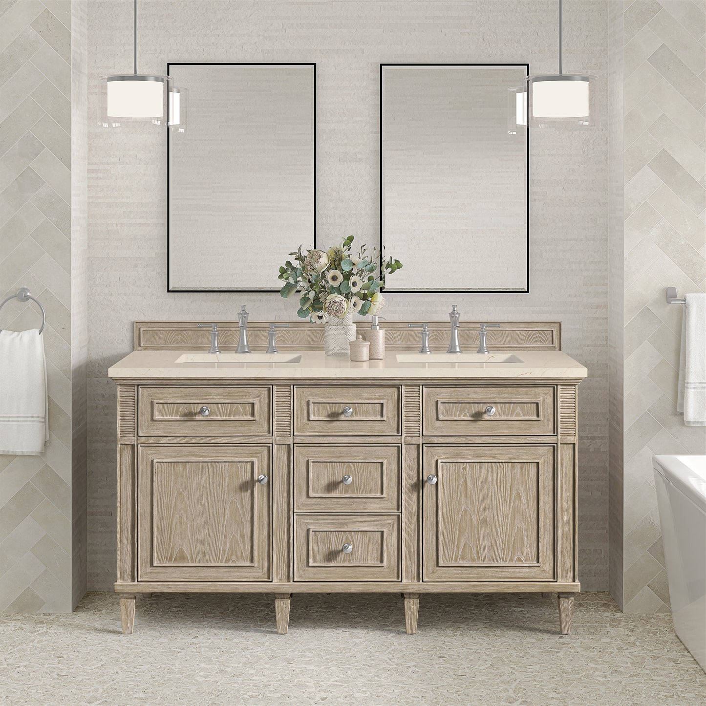 Lorelai 60" Double Vanity, Whitewashed Oak w/ 3 CM Eternal Marfil Silestone Top